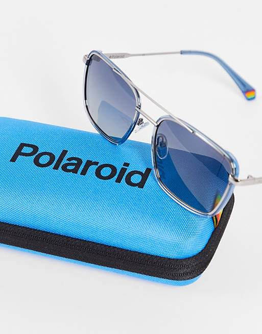 Polaroid square aviator sunglasses in blue | ASOS