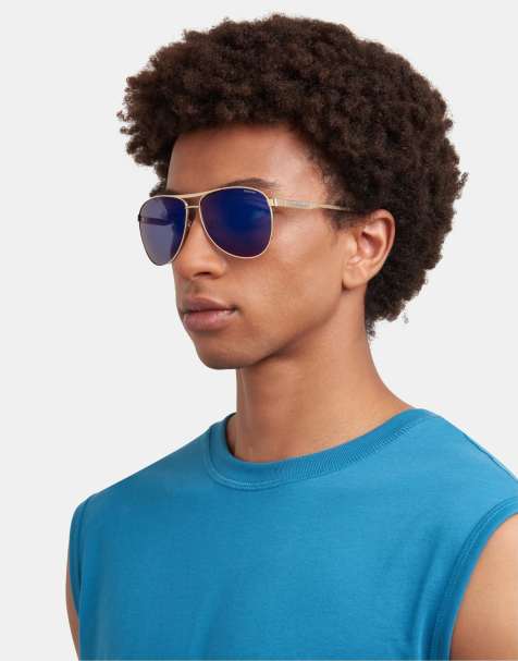 Polaroid Sunglasses Metal pilot sunglasses with blue mirror polarized lenses in gold - view 1
