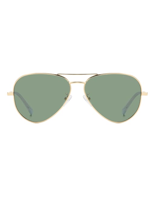 Polaroid Sunglasses Metal pilot sunglasses with green polarized lenses in gold, 2 of 5