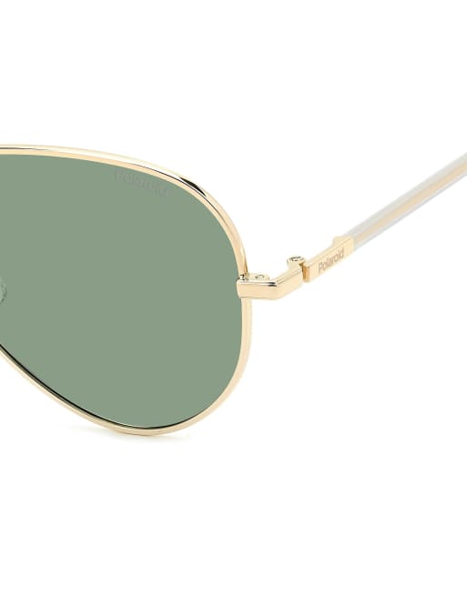 Polaroid Sunglasses Metal pilot sunglasses with green polarized lenses in gold, 4 of 5