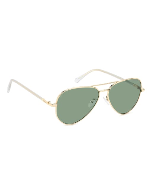 Polaroid Sunglasses Metal pilot sunglasses with green polarized lenses in gold, 5 of 5