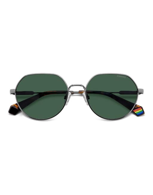 Polaroid Sunglasses - Occhiali da sole rotondi argento con lenti polarizzate verdi, 3 di 6