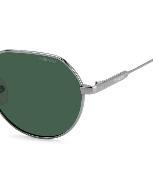 Polaroid Sunglasses - Occhiali da sole rotondi argento con lenti polarizzate verdi, 4 di 6