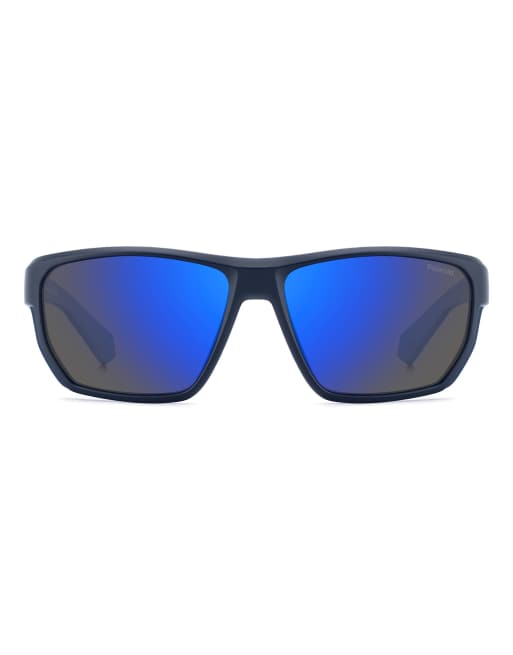 Polaroid Sunglasses Sporty rectangular sunglasses with blue mirror polarized lenses in blue, 2 of 7