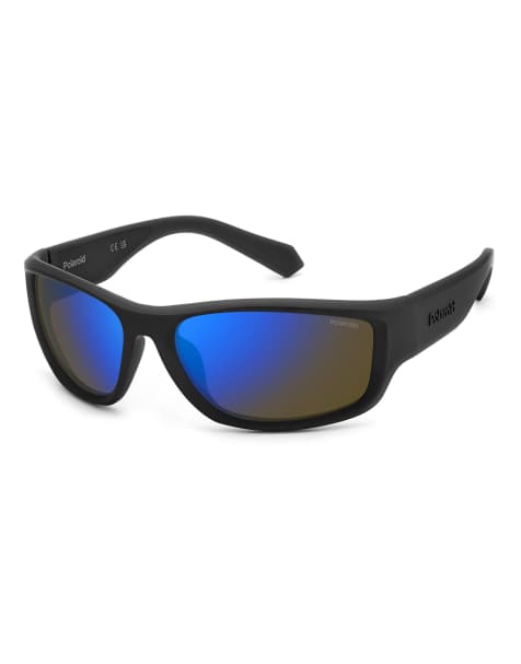 Polaroid Sunglasses Sporty wrap sunglasses with blue mirror polarized lenses in black - view 1