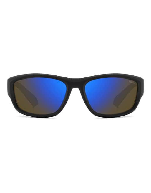 Polaroid Sunglasses Sporty wrap sunglasses with blue mirror polarized lenses in black, 2 of 7