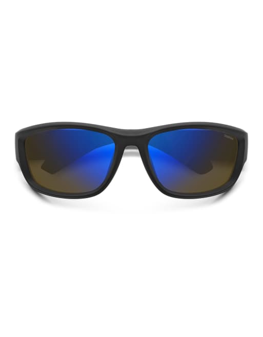 Polaroid Sunglasses Sporty wrap sunglasses with blue mirror polarized lenses in black, 3 of 7