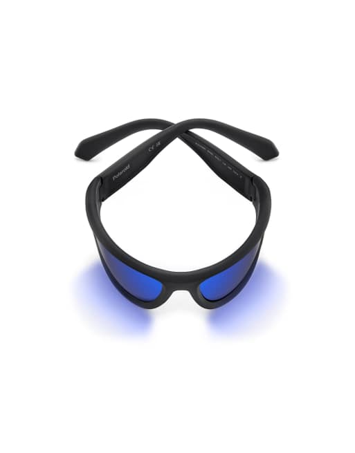 Polaroid Sunglasses Sporty wrap sunglasses with blue mirror polarized lenses in black, 4 of 7