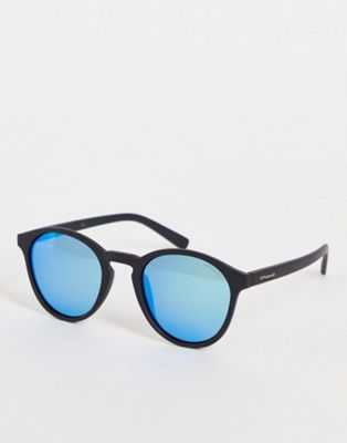 Polaroid thick frame round sunglasses in matte black and blue lens