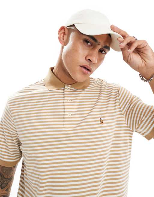 Polo a rayas blancas y color camel de corte clásico con logo de icono de algodón pima de Polo Ralph Lauren