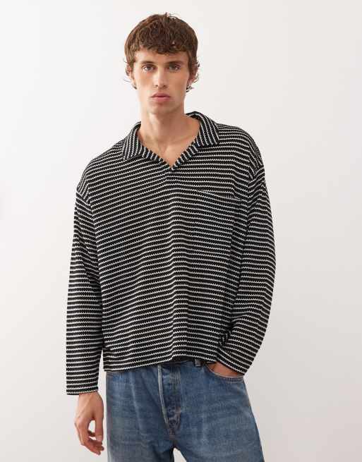 Polo a rayas blancas y negras de manga larga de tejido texturizado de Reclaimed Vintage