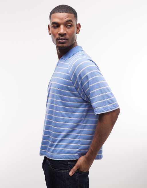 Polo azul a rayas blancas de corte cuadrado extragrande de tejido texturizado de ASOS DESIGN, 4 de 5