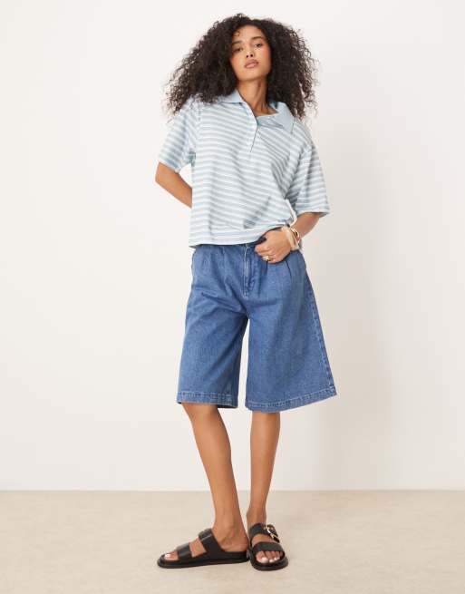 Polo azul a rayas de corte cuadrado extragrande con hombreras de ASOS DESIGN, 3 de 4