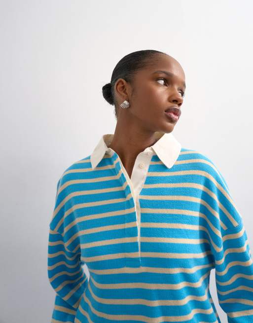 Polo azul a rayas de manga larga de tejido de rizo de Topshop, 2 de 4