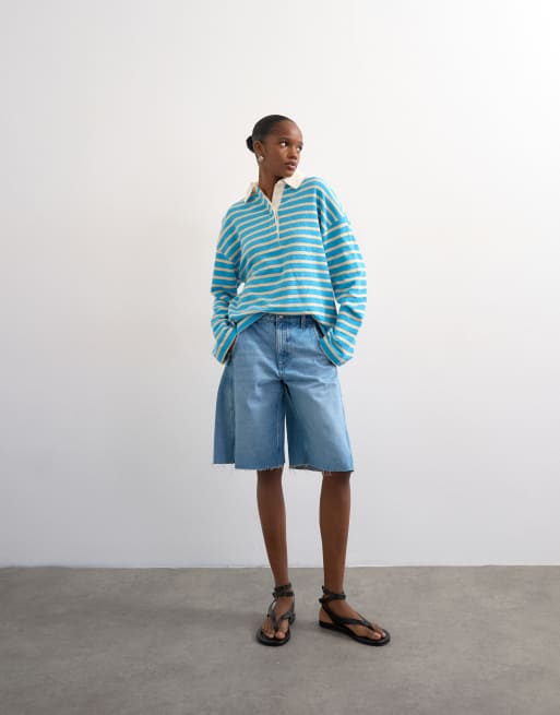 Polo azul a rayas de manga larga de tejido de rizo de Topshop, 3 de 4