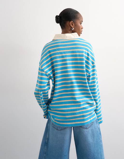 Polo azul a rayas de manga larga de tejido de rizo de Topshop, 4 de 4