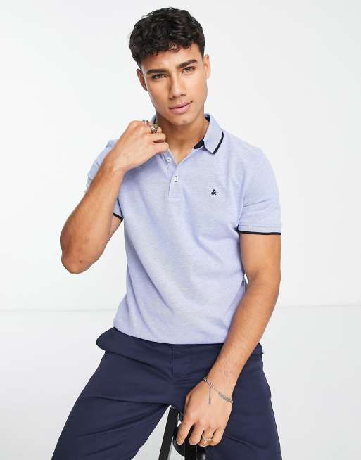 Polo azul de piqué de corte slim con logo y ribetes Essentials de Jack & Jones, 3 de 4