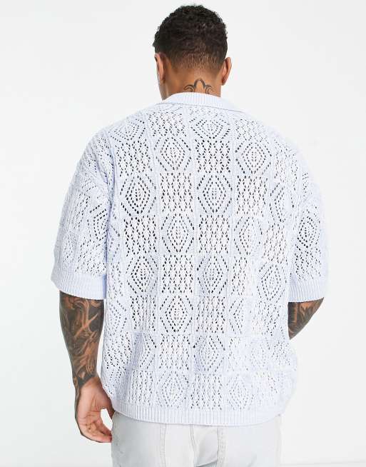 Polo azul extragrande de manga corta con muesca de punto calado de ASOS DESIGN - MBLUE, 3 de 4