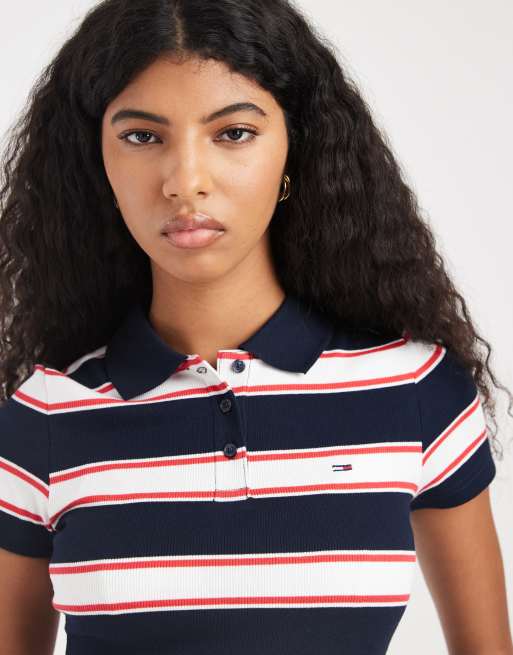 Polo azul marino a rayas de corte slim de canalé de Tommy Jeans, 4 de 4