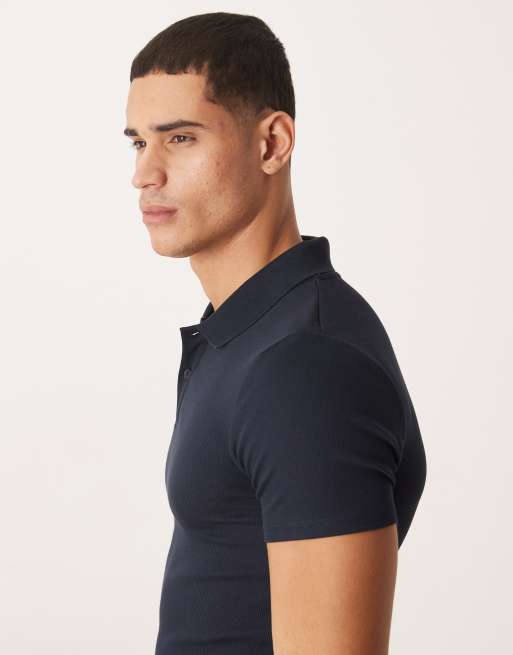 Polo azul marino básico ajustado de canalé Essentials de ASOS DESIGN, 4 de 5