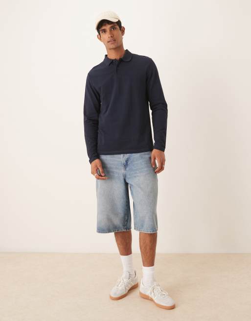 Polo azul marino básico de manga larga y corte estándar de piqué Essentials de ASOS DESIGN, 2 de 4
