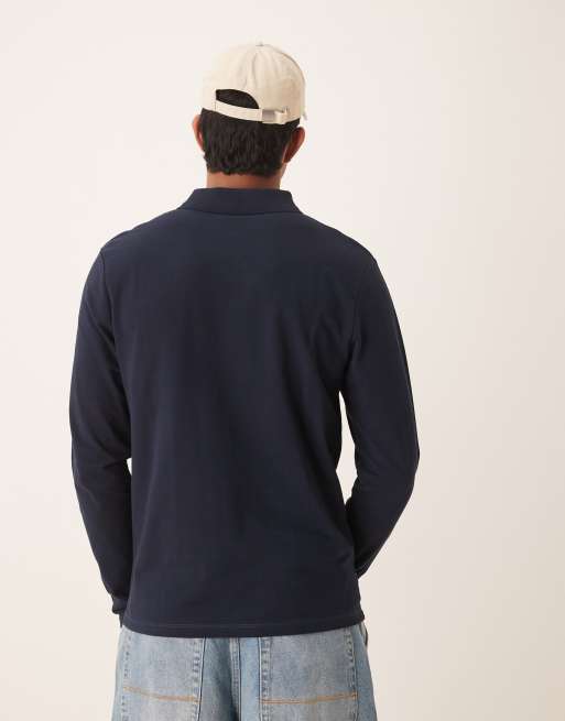 Polo azul marino básico de manga larga y corte estándar de piqué Essentials de ASOS DESIGN, 4 de 4