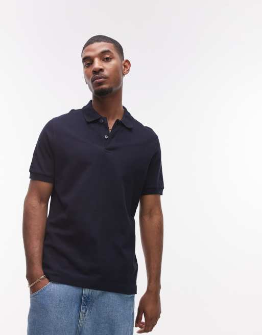 Polo azul marino con cuello de solapas de punto liso de Mango