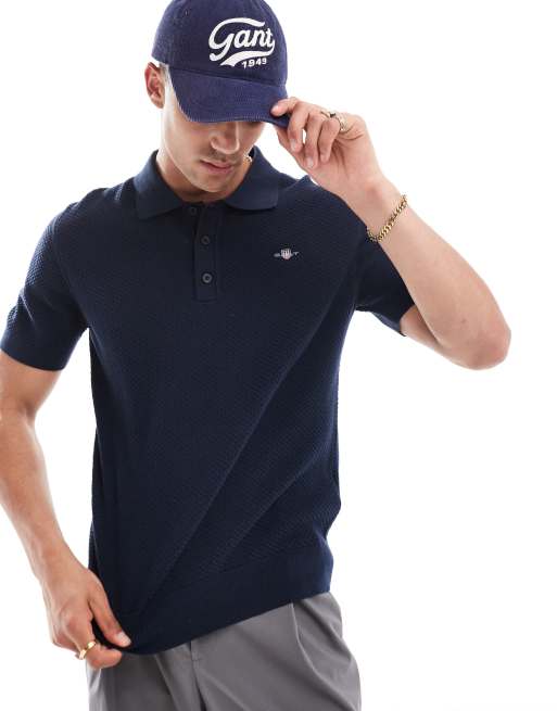 Polo azul marino con logo de escudo bordado de algodón estructurado de GANT, 3 de 4