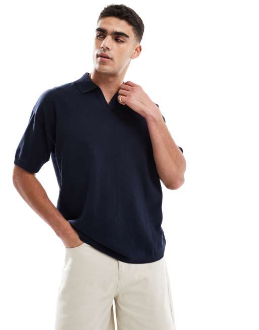 Polo azul marino con muesca en el cuello de punto de JJ Rebel