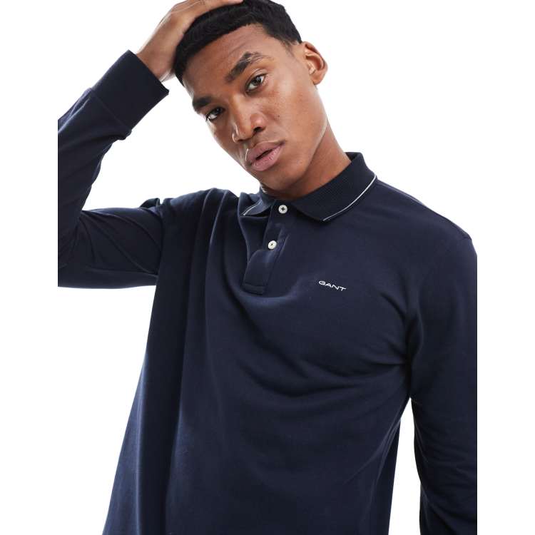 Polo azul marino de corte estandar y manga larga con ribetes y logo de GANT ASOS