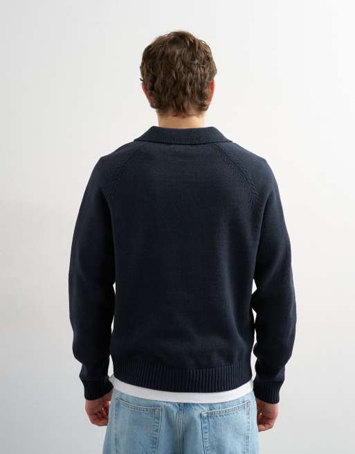 Polo azul marino de estilo rugby y corte clásico con aplicación de texto de punto de Topman, 3 de 5