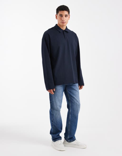 Polo azul marino extragrande de manga larga de tejido grueso de ASOS DESIGN , 2 de 5