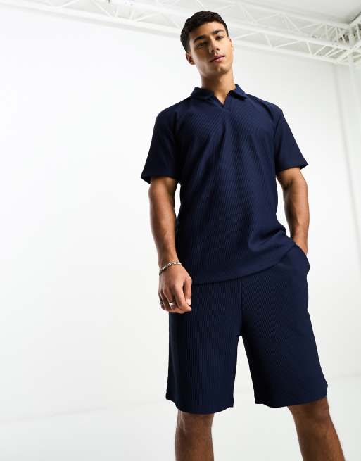 Polo azul marino plisado con cuello de solapas de Selected Homme (parte de un conjunto)