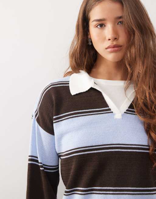Polo azul y marrón a rayas extragrande de estilo rugby de punto de Reclaimed Vintage, 3 de 4