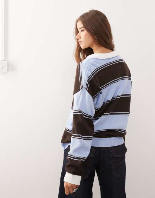Polo azul y marrón a rayas extragrande de estilo rugby de punto de Reclaimed Vintage, 4 de 4
