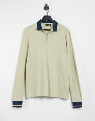 Polo beis de manga larga de punto de grano de arroz con cuello ribeteado de ASOS DESIGN