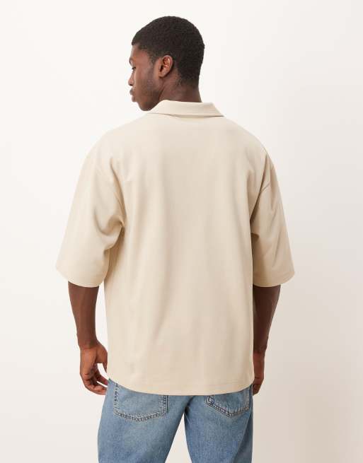 Polo beis extragrande de media manga con cuello de solapas de tejido grueso suave de ASOS DESIGN, 3 de 5