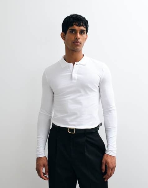 Polo blanco básico ajustado de manga larga de piqué de ASOS DESIGN - view 1