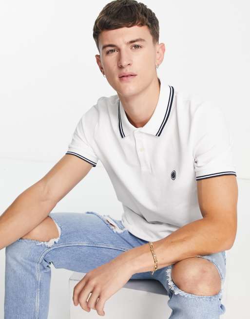 Polo blanco con ribetes y logo de piqué de algodón Barton de Pretty Green - WHITE