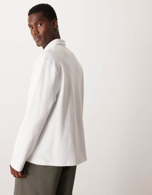 Polo blanco holgado de manga larga con cremallera de tejido entrelazado premium de ASOS DESIGN , 3 de 4