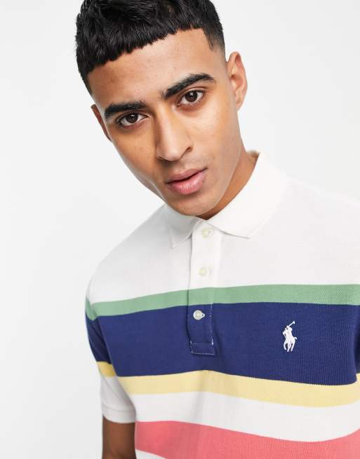 Polo blanco multicolor a rayas mixtas con logo icónico de piqué de Polo Ralph Lauren