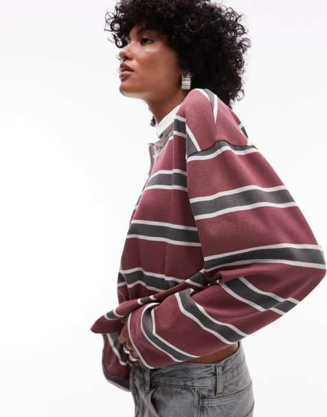Polo burdeos a rayas de manga larga y estilo rugby de punto liso de Topshop - view 1