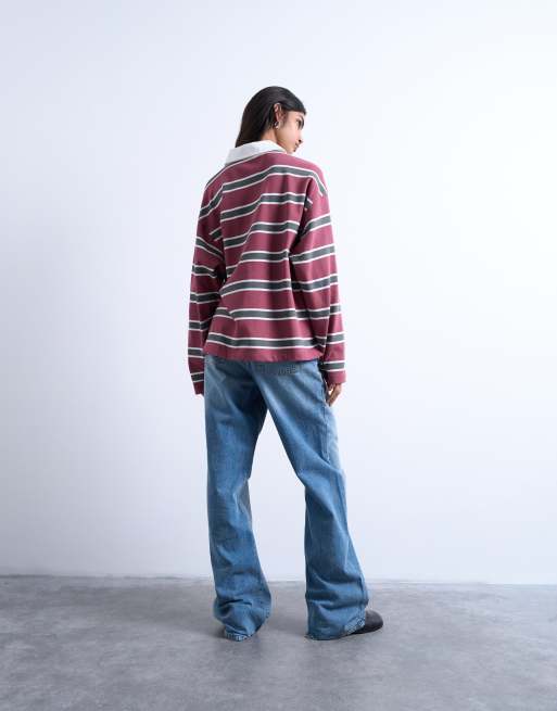 Polo burdeos a rayas de manga larga y estilo rugby de punto liso de Topshop, 3 de 4