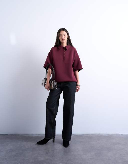 Polo burdeos de manga corta de tejido efecto neopreno de Topshop, 2 de 4