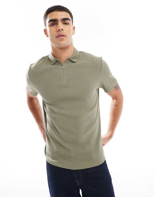 Polo caqui con cremallera de punto de arroz de ASOS DESIGN