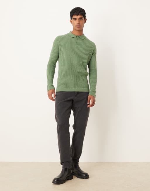 Polo caqui entallado de manga larga de punto de ASOS DESIGN, 2 de 5
