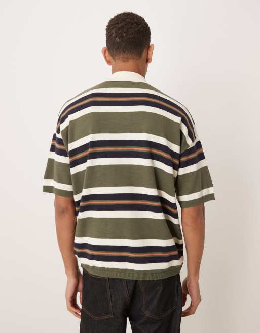 Polo caqui y azul marino a rayas holgado de punto de ASOS DESIGN, 3 de 5