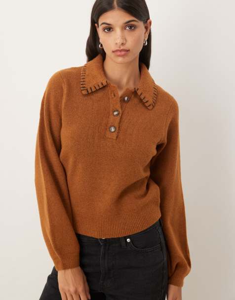 Polo color caramelo con solapas con pespuntes de festón de ASOS DESIGN - view 1