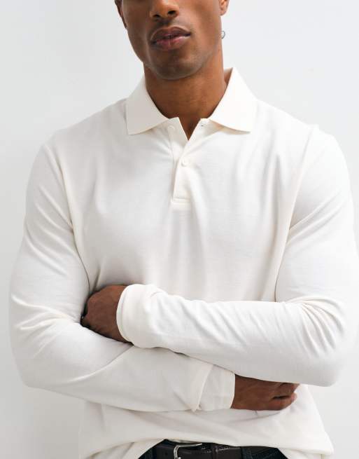 Polo color crema básico de manga larga y corte estándar de piqué Essentials de ASOS DESIGN, 3 de 5