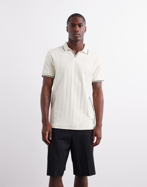 Polo color crema con cuello de pico de canalé ancho de ASOS DESIGN - view 1
